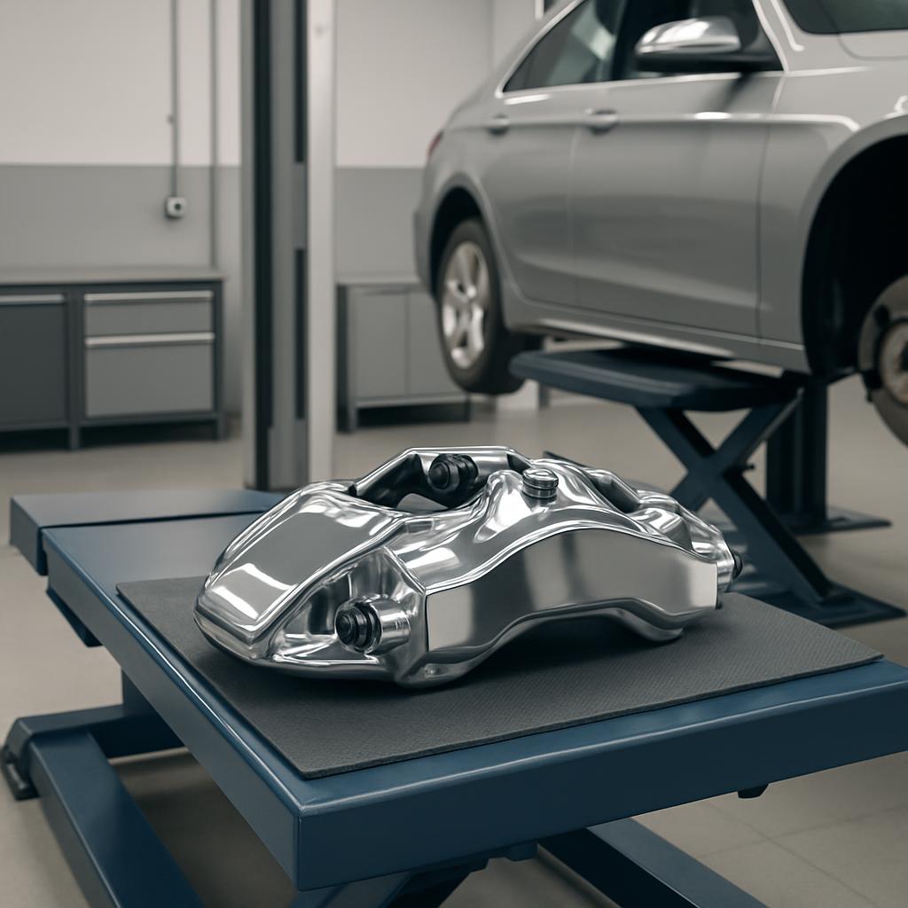 The image of a shiny chrome piston is obscuring the view of a silver automobile on a lift in a workshop. l Transport vehic...