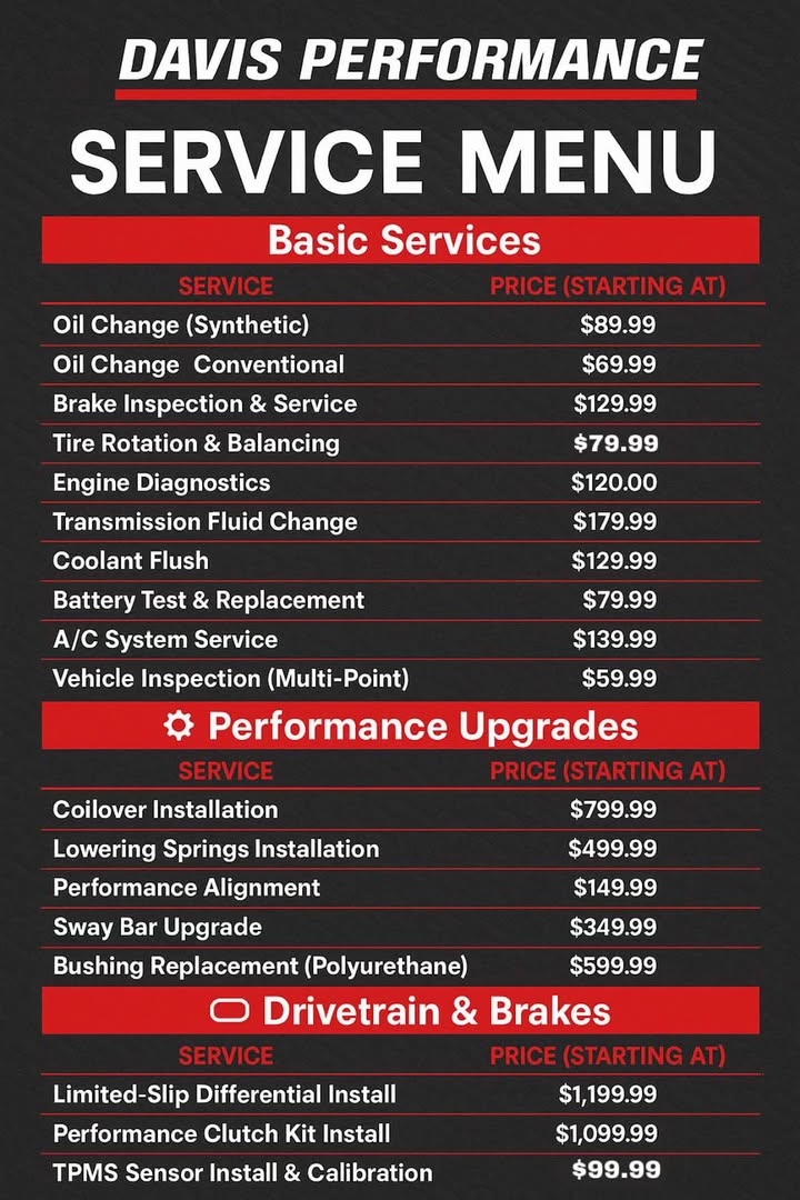 Service menu for Davis Performance, listing basic services, performance upgrades, and drivetrain & brake services with starting prices.